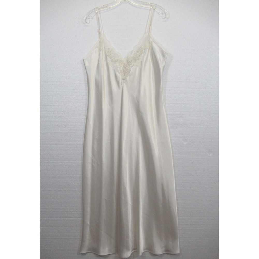 Vintage California Miss Beaded Satin & Lace Nightgown Women Large Ivory Bridal